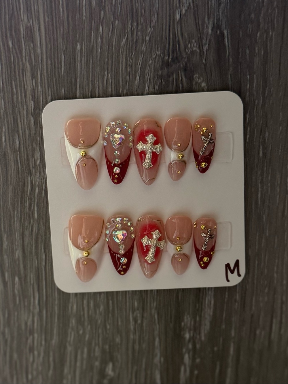 Nude and Red Crystal Cross Press-On Nails